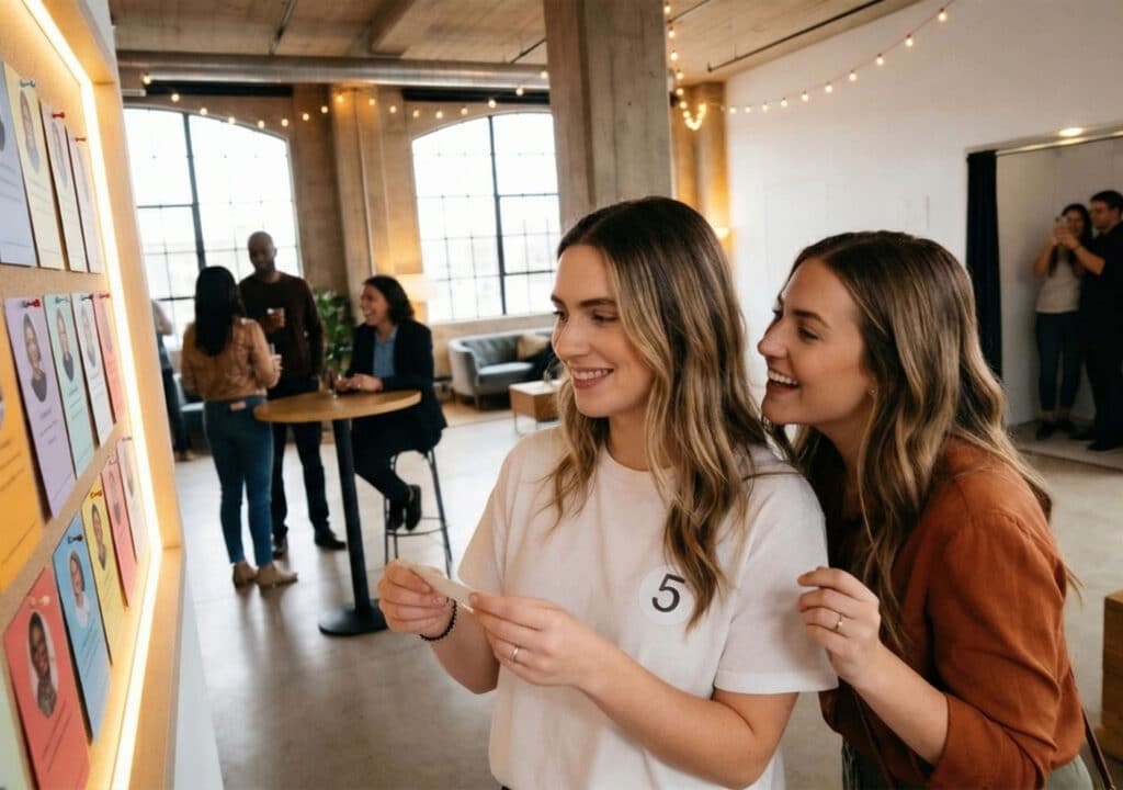 Zwei Frauen stehen bei der absicht:liebe-Veranstaltung an einer Wand und betrachten lächelnd die ausgestellten Karten. Andere Menschen mischen sich und unterhalten sich im Hintergrund eines gut beleuchteten Raums mit großen Fenstern und Lichterketten.