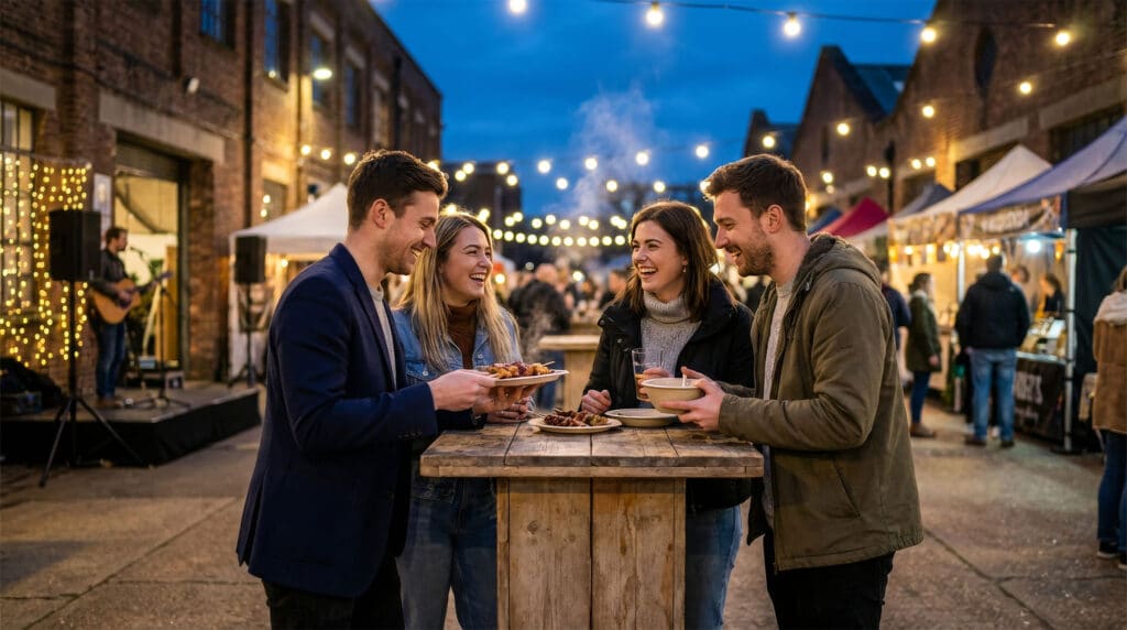 Vier Personen stehen nachts im Freien um einen Holztisch, essen und lächeln beim nacht:markt. Darüber hängen Lichterketten, im Hintergrund sorgen Marktstände und ein Musiker für eine lebendige, festliche Atmosphäre.