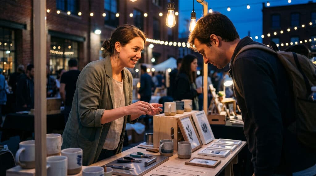 Auf dem nacht:markt zeigt eine Frau hinter einem Stand einem Mann Keramikbecher und Kunstdrucke auf einem abendlichen Markt im Freien, unter Lichterketten und umgeben von Menschen und Backsteinbauten.