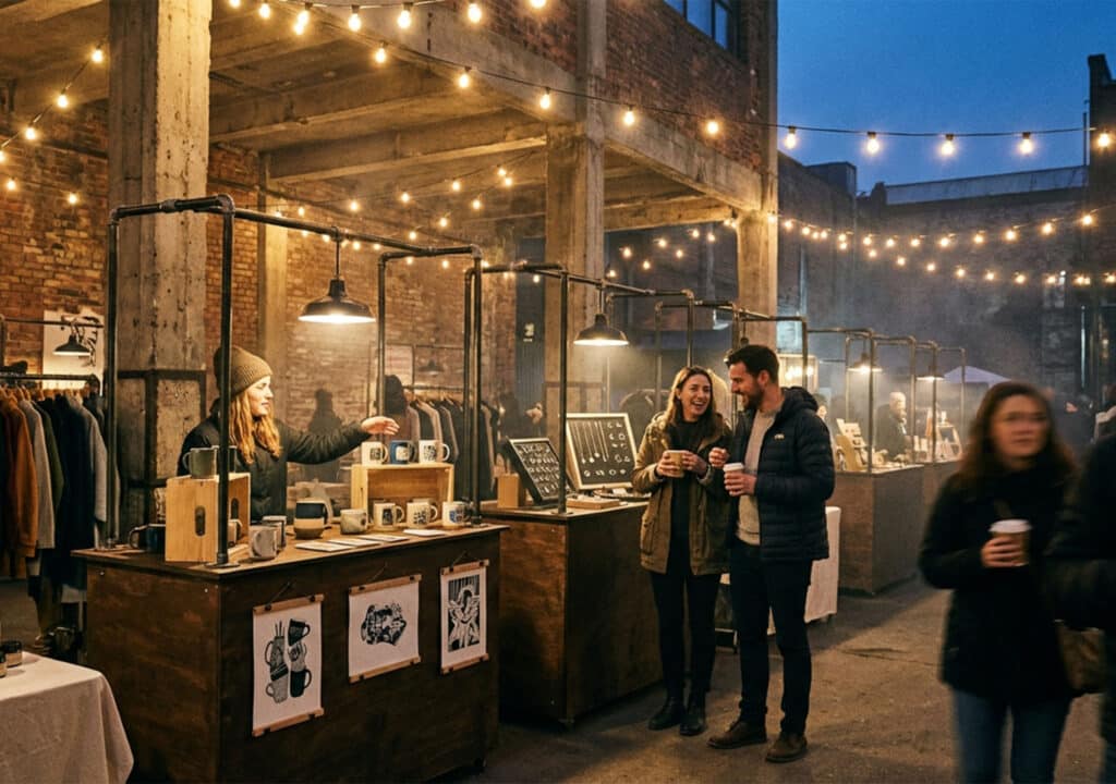Marktszene im Freien in der Abenddämmerung mit Lichterketten über dem Kopf, hölzernen Verkaufsständen mit Kunst und Tassen, Menschen, die einkaufen und Getränke in der Hand halten, und freiliegenden Backstein- und Betonsäulen - eine lebhafte nacht:markt-Atmosphäre.
