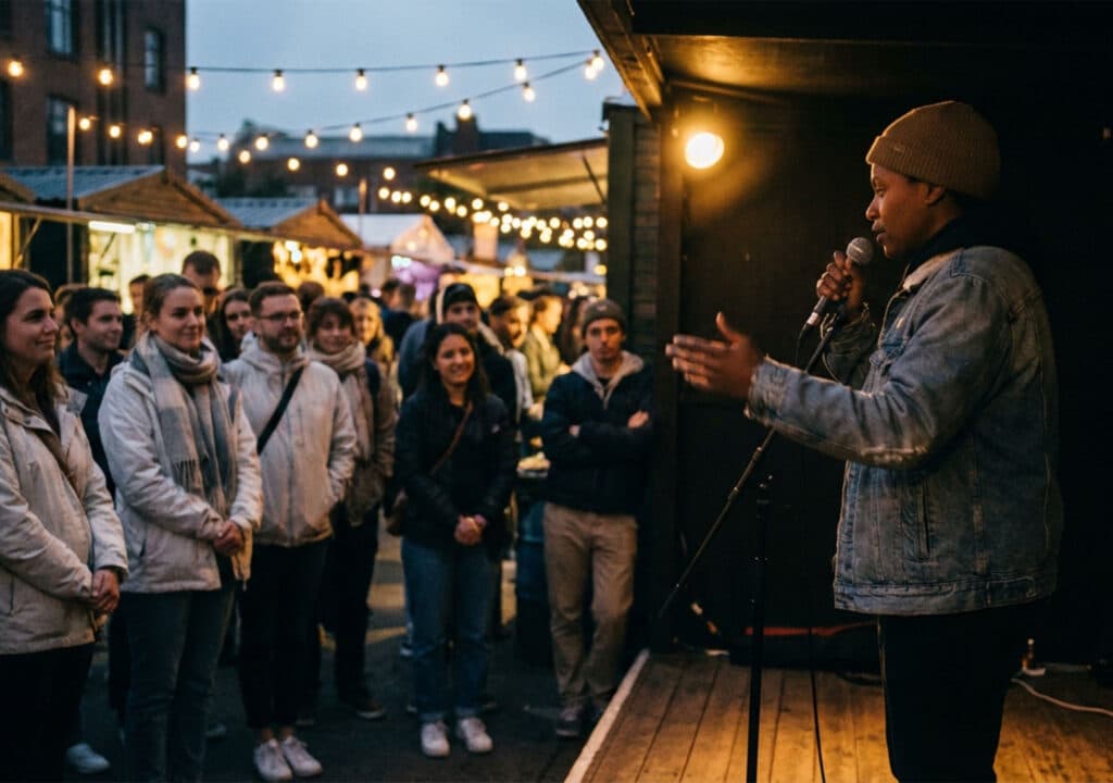 Eine Person spricht in ein Mikrofon auf einer nächtlichen Freilichtbühne während einer nacht:markt-Veranstaltung und wendet sich an eine Menschenmenge in Jacken. Lichterketten und Marktstände erhellen den Hintergrund, während die Menschen die lebhafte Atmosphäre genießen.
