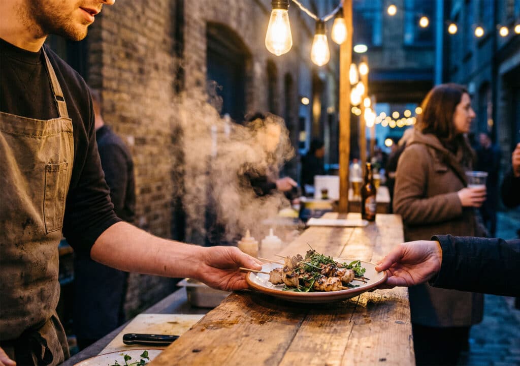 Auf dem nacht:markt reicht eine Person in einer Schürze einen dampfenden Teller mit Essen über eine Holztheke, während Lichterketten und Menschenmassen eine lebhafte Marktatmosphäre schaffen.